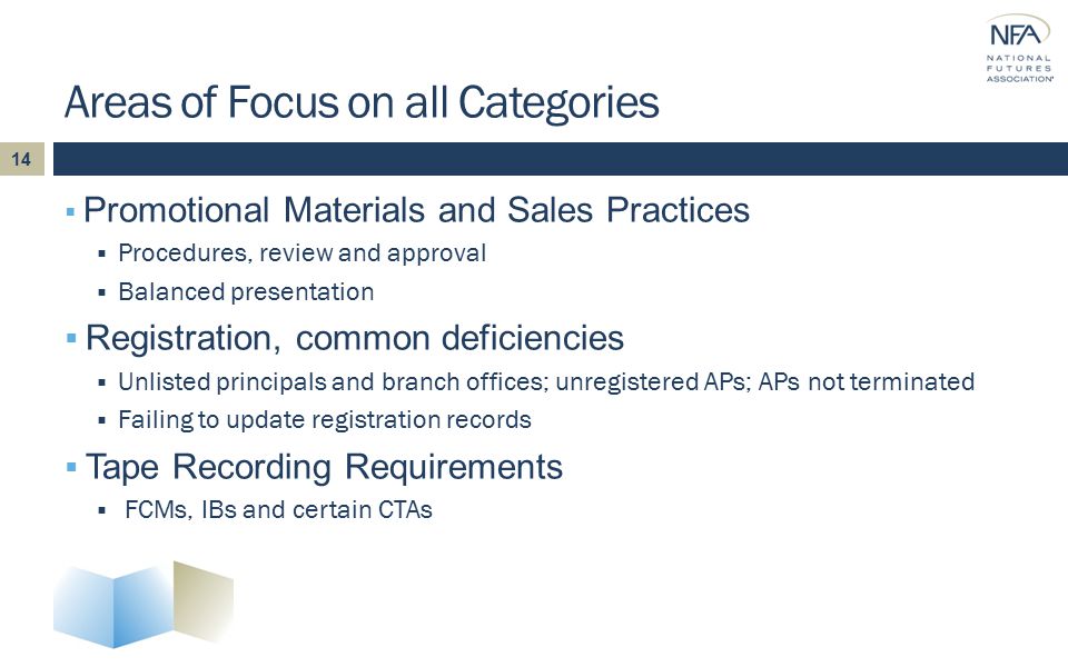  Promotional Materials and Sales Practices  Procedures, review and approval  Balanced presentation  Registration, common deficiencies  Unlisted principals and branch offices; unregistered APs; APs not terminated  Failing to update registration records  Tape Recording Requirements  FCMs, IBs and certain CTAs Areas of Focus on all Categories 14