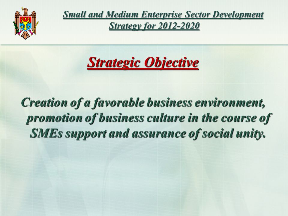 Small and Medium Enterprise Sector Development Strategy for Small and Medium Enterprise Sector Development Strategy for Strategic Objective Creation of a favorable business environment, promotion of business culture in the course of SMEs support and assurance of social unity.