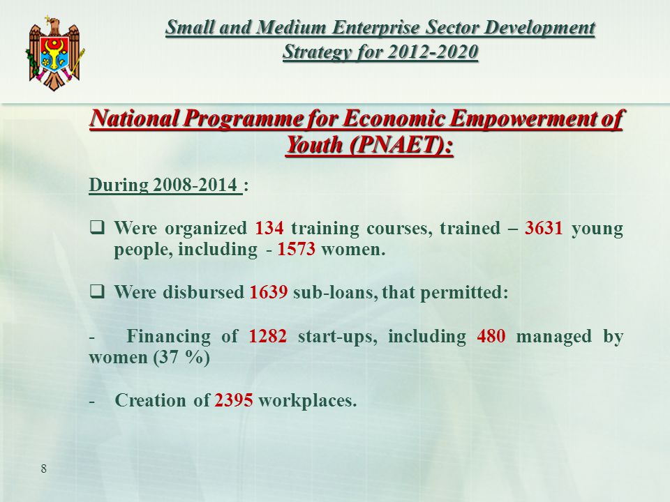 National Programme for Economic Empowerment of Youth (PNAET): During :  Were organized 134 training courses, trained – 3631 young people, including women.