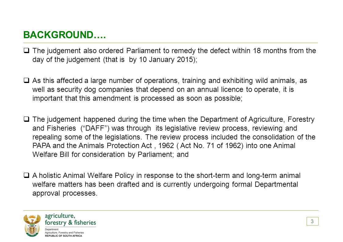 PROGRESS REPORT ON THE PERFORMING ANIMALS PROTECTION (PAPA) AMENDMENT BILL  2014 PORTFOLIO COMMITTEE ON AGRICULTURE, FORESTRY AND FISHERIES 16 S  EPTEMBER. - ppt download