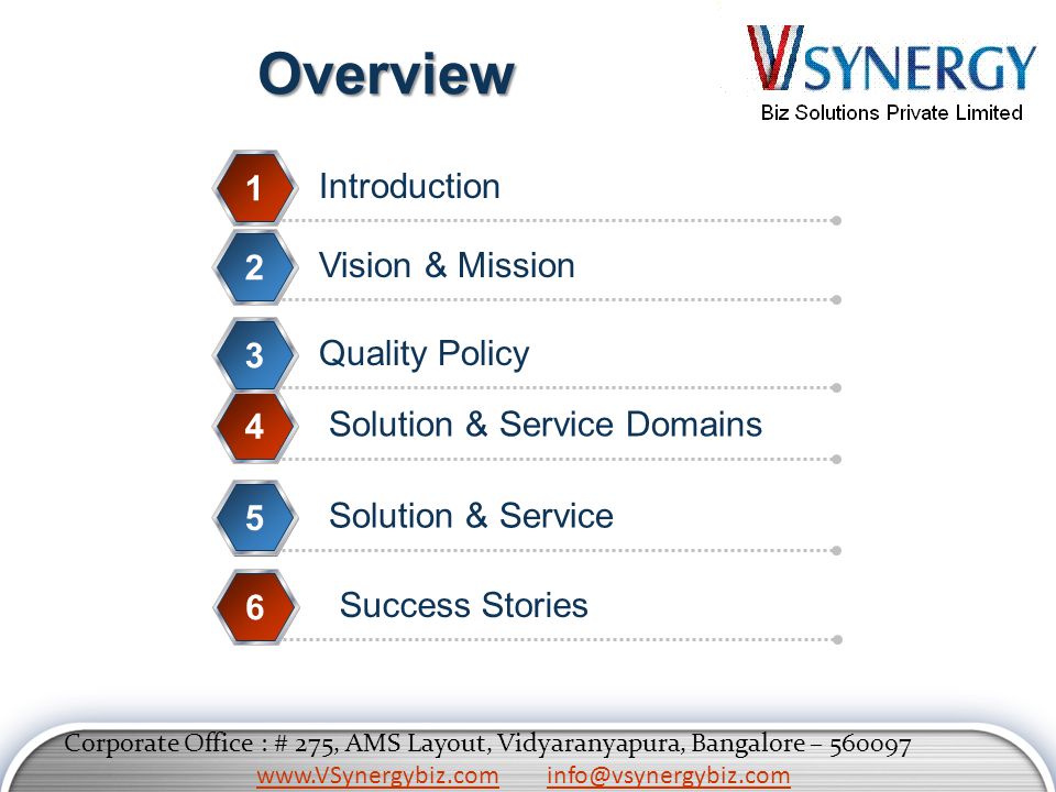 Introduction 1 Vision & Mission 2 Solution & Service Domains 4 Solution & Service 5 Success Stories 6 Overview Corporate Office : # 275, AMS Layout, Vidyaranyapura, Bangalore – Quality Policy 3