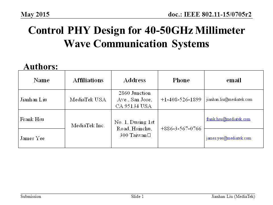 doc.: IEEE /0705r2 Submission Control PHY Design for 40-50GHz Millimeter Wave Communication Systems Authors: May 2015 Slide 1Jianhan Liu (MediaTek)