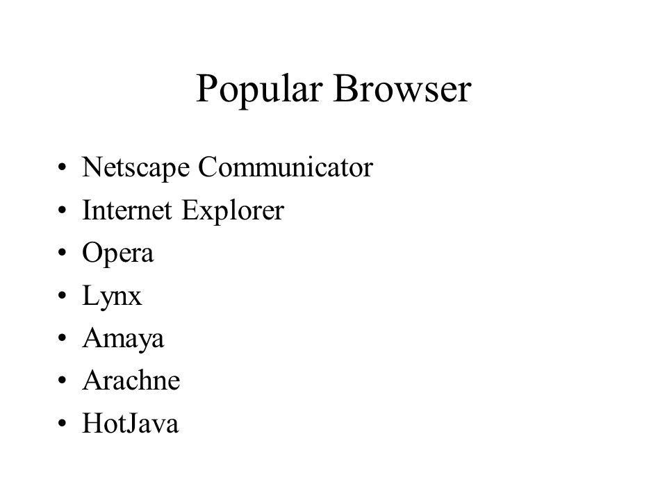 Popular Browser Netscape Communicator Internet Explorer Opera Lynx Amaya Arachne HotJava
