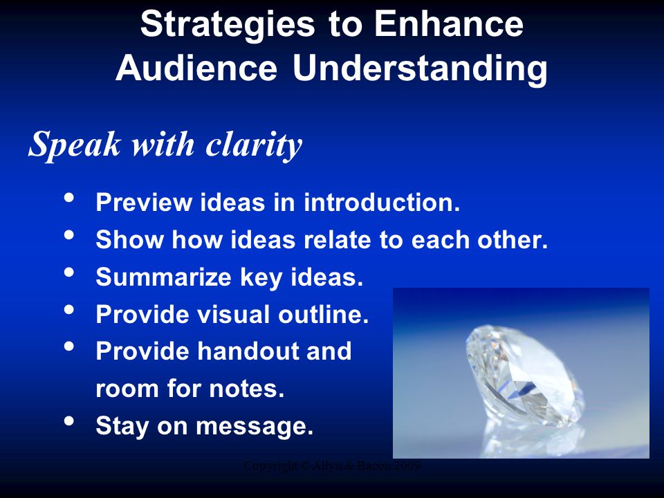 Copyright © Allyn & Bacon 2009 Strategies to Enhance Audience Understanding Speak with clarity Preview ideas in introduction.
