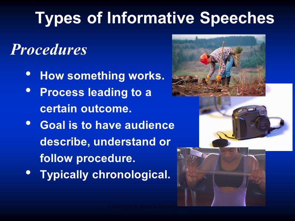 Copyright © Allyn & Bacon 2009 Types of Informative Speeches Procedures How something works.
