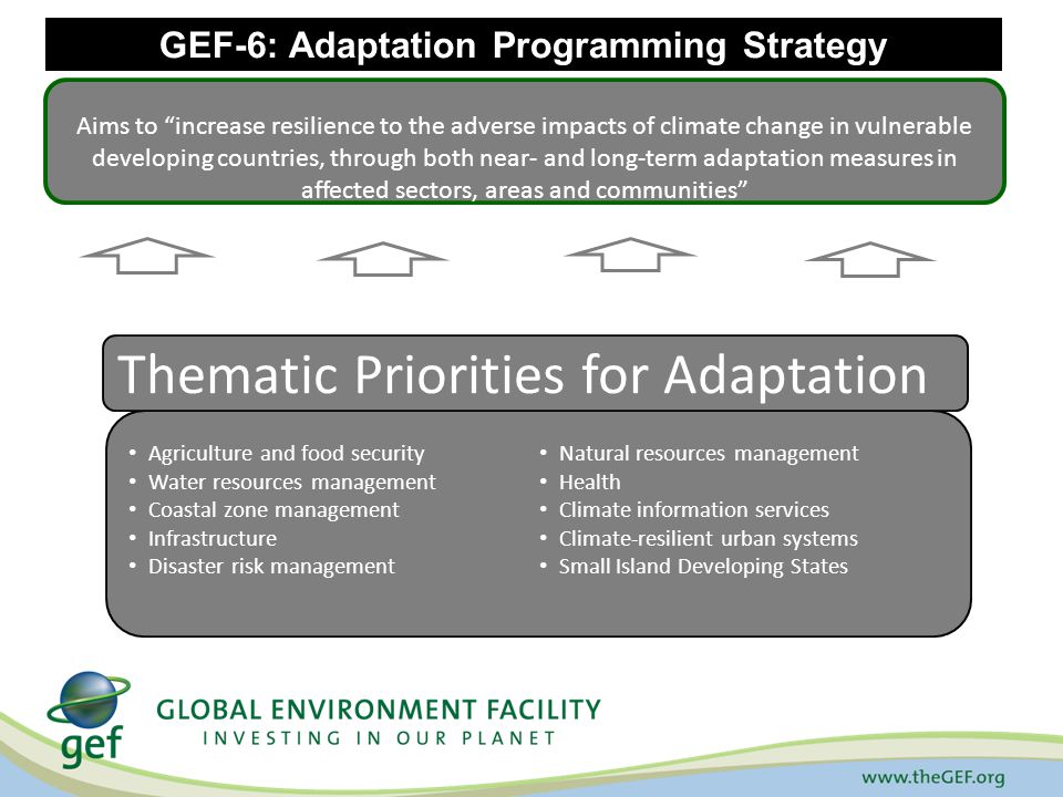 GEF-6: Adaptation Programming Strategy Aims to increase resilience to the adverse impacts of climate change in vulnerable developing countries, through both near- and long-term adaptation measures in affected sectors, areas and communities Agriculture and food security Water resources management Coastal zone management Infrastructure Disaster risk management Natural resources management Health Climate information services Climate-resilient urban systems Small Island Developing States Thematic Priorities for Adaptation