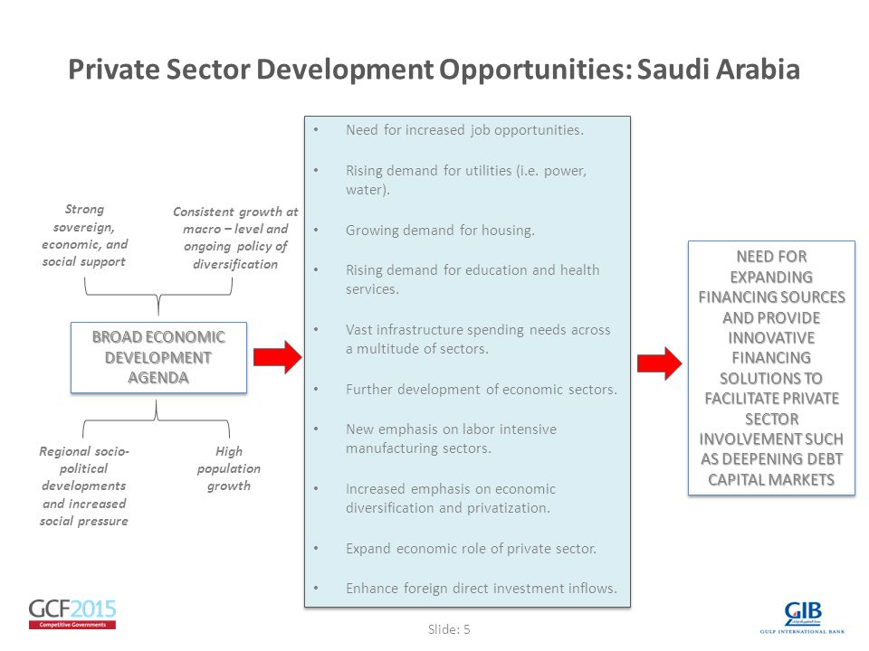 Private Sector Development Opportunities: Saudi Arabia Strong sovereign, economic, and social support Consistent growth at macro – level and ongoing policy of diversification BROAD ECONOMIC DEVELOPMENT AGENDA Regional socio- political developments and increased social pressure High population growth Need for increased job opportunities.