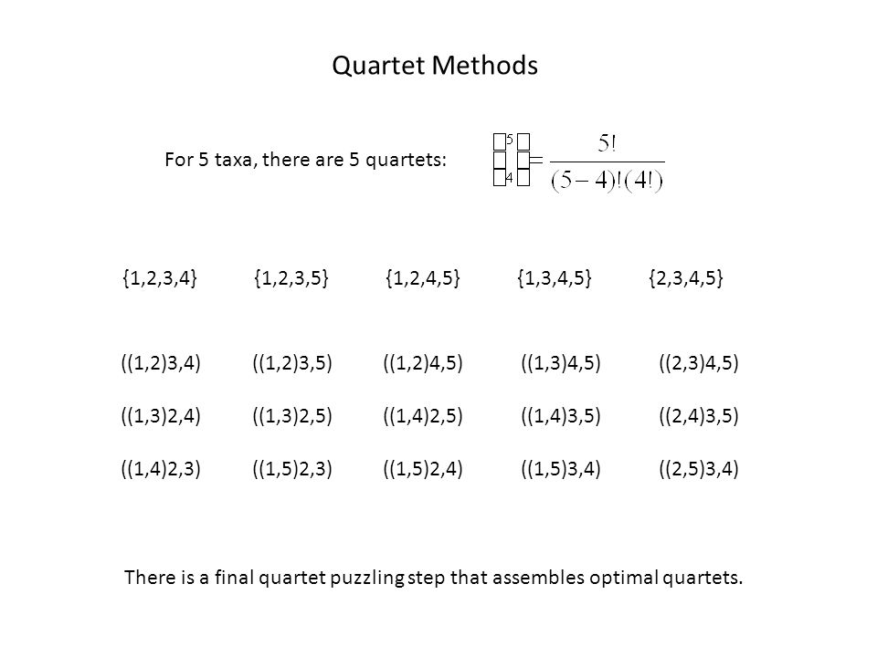 Quartet Methods For 5 taxa, there are 5 quartets: {1,2,3,4}{1,2,3,5}{1,2,4,5}{1,3,4,5}{2,3,4,5} ((1,2)3,4) ((1,3)2,4) ((1,4)2,3) ((1,2)3,5) ((1,3)2,5) ((1,5)2,3) ((1,2)4,5) ((1,4)2,5) ((1,5)2,4) ((1,3)4,5) ((1,4)3,5) ((1,5)3,4) ((2,3)4,5) ((2,4)3,5) ((2,5)3,4) There is a final quartet puzzling step that assembles optimal quartets.