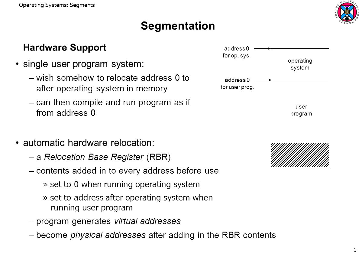 Operating Systems: Segments 1 Segmentation Hardware Support single user program system: – wish somehow to relocate address 0 to after operating system in memory – can then compile and run program as if from address 0 automatic hardware relocation: – a Relocation Base Register (RBR) – contents added in to every address before use »set to 0 when running operating system »set to address after operating system when running user program – program generates virtual addresses – become physical addresses after adding in the RBR contents operating system user program address 0 for op.