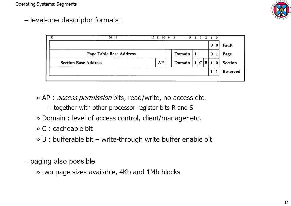 Operating Systems: Segments 11 –level-one descriptor formats : »AP : access permission bits, read/write, no access etc.