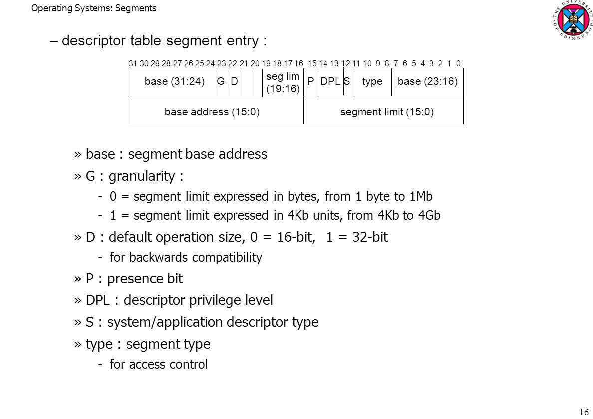 Operating Systems: Segments 16 –descriptor table segment entry : »base : segment base address »G : granularity : ­0 = segment limit expressed in bytes, from 1 byte to 1Mb ­1 = segment limit expressed in 4Kb units, from 4Kb to 4Gb »D : default operation size, 0 = 16-bit, 1 = 32-bit ­for backwards compatibility »P : presence bit »DPL : descriptor privilege level »S : system/application descriptor type »type : segment type ­for access control base (31:24) G D P DPL S type base (23:16) base address (15:0) segment limit (15:0) seg lim (19:16)