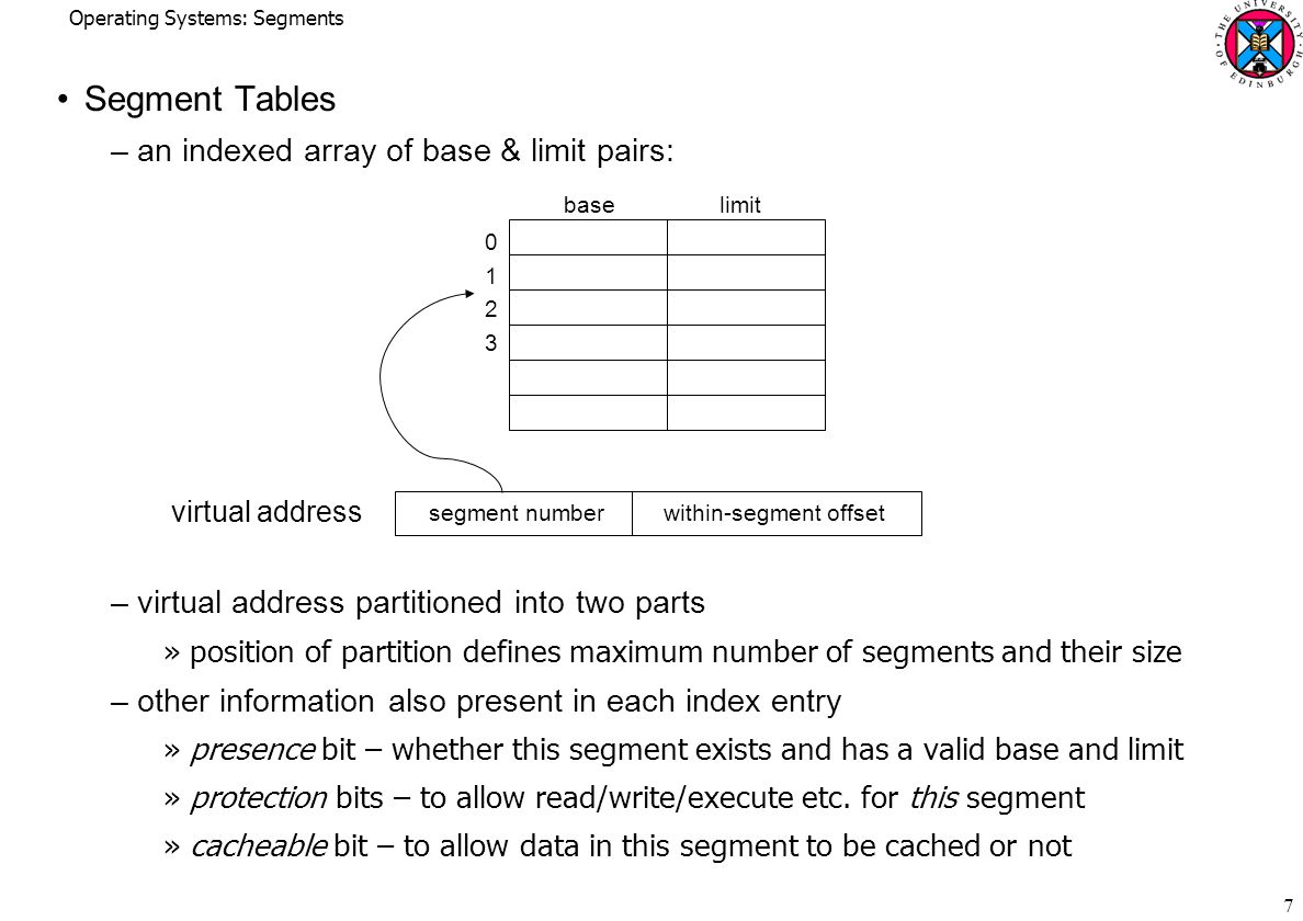 Operating Systems: Segments 7 Segment Tables –an indexed array of base & limit pairs: –virtual address partitioned into two parts »position of partition defines maximum number of segments and their size –other information also present in each index entry »presence bit – whether this segment exists and has a valid base and limit »protection bits – to allow read/write/execute etc.