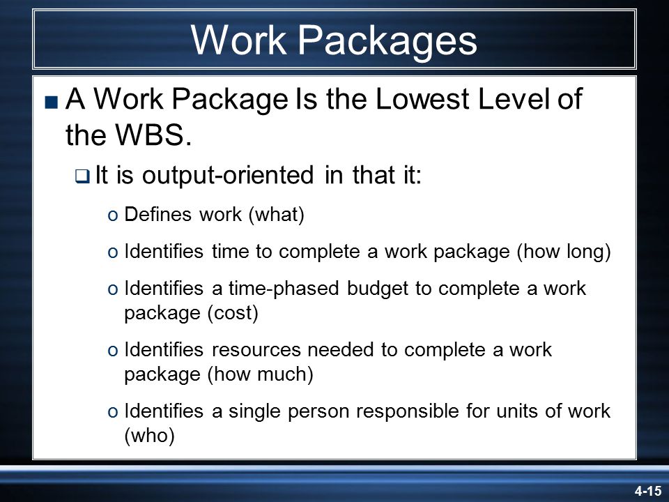 4-15 Work Packages  A Work Package Is the Lowest Level of the WBS.