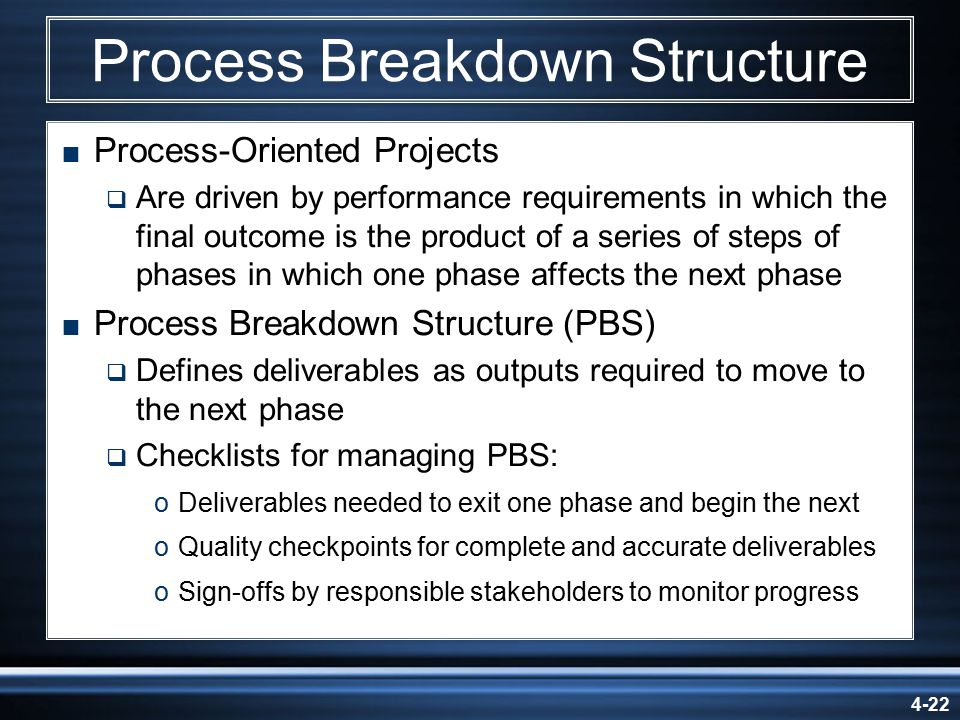 4-22 Process Breakdown Structure  Process-Oriented Projects  Are driven by performance requirements in which the final outcome is the product of a series of steps of phases in which one phase affects the next phase  Process Breakdown Structure (PBS)  Defines deliverables as outputs required to move to the next phase  Checklists for managing PBS: oDeliverables needed to exit one phase and begin the next oQuality checkpoints for complete and accurate deliverables oSign-offs by responsible stakeholders to monitor progress