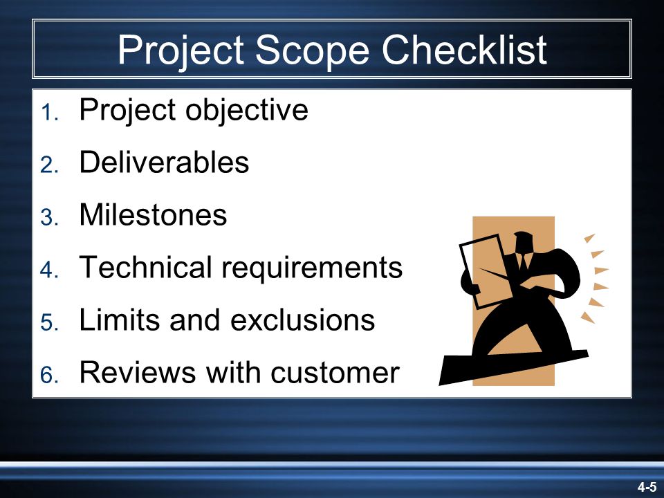 4-5 Project Scope Checklist 1. Project objective 2.