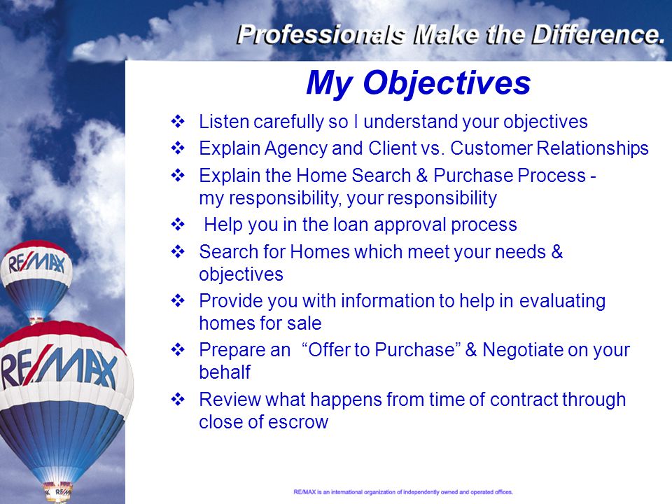 My Objectives  Listen carefully so I understand your objectives  Explain Agency and Client vs.
