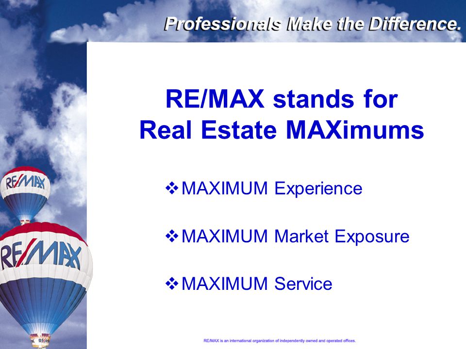 RE/MAX stands for Real Estate MAXimums  MAXIMUM Experience  MAXIMUM Market Exposure  MAXIMUM Service