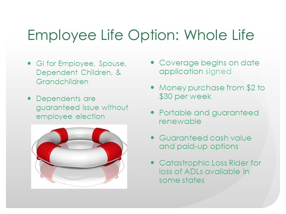 Employee Life Option: Whole Life GI for Employee, Spouse, Dependent Children, & Grandchildren Dependents are guaranteed issue without employee election Coverage begins on date application signed Money purchase from $2 to $30 per week Portable and guaranteed renewable Guaranteed cash value and paid-up options Catastrophic Loss Rider for loss of ADLs available in some states