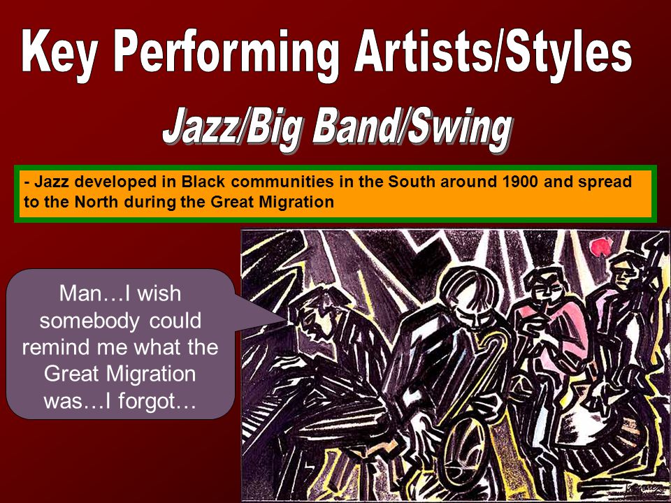 - Jazz developed in Black communities in the South around 1900 and spread to the North during the Great Migration Man…I wish somebody could remind me what the Great Migration was…I forgot…