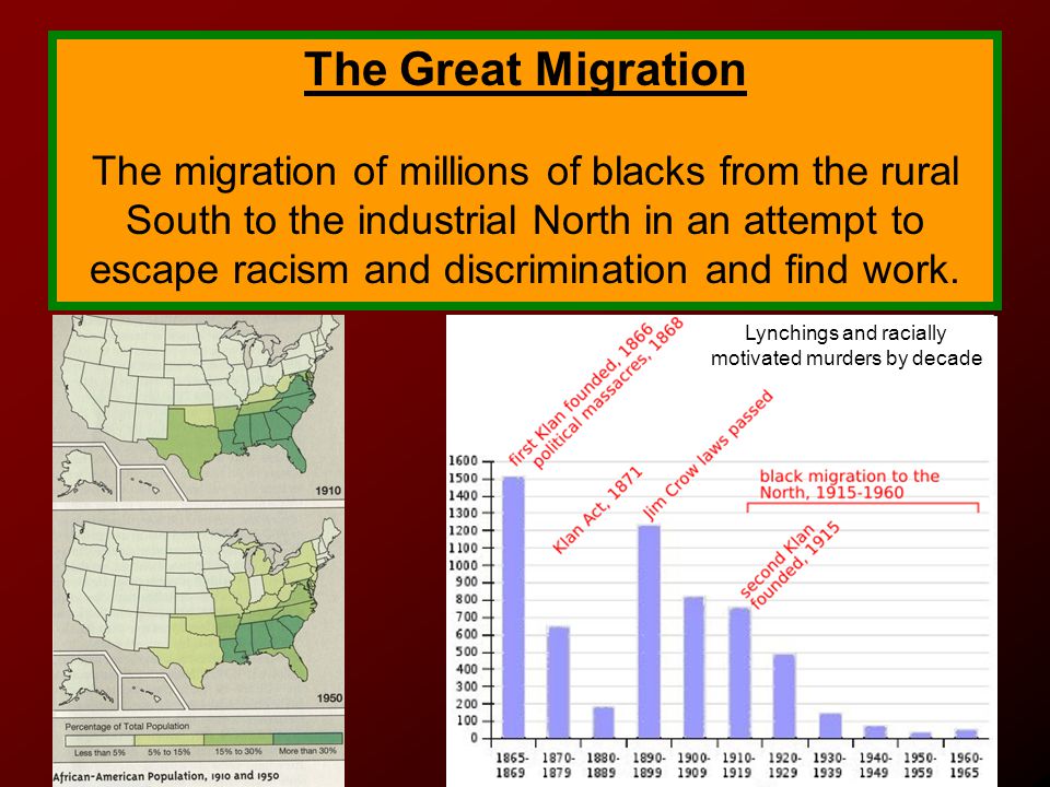 The Great Migration The migration of millions of blacks from the rural South to the industrial North in an attempt to escape racism and discrimination and find work.