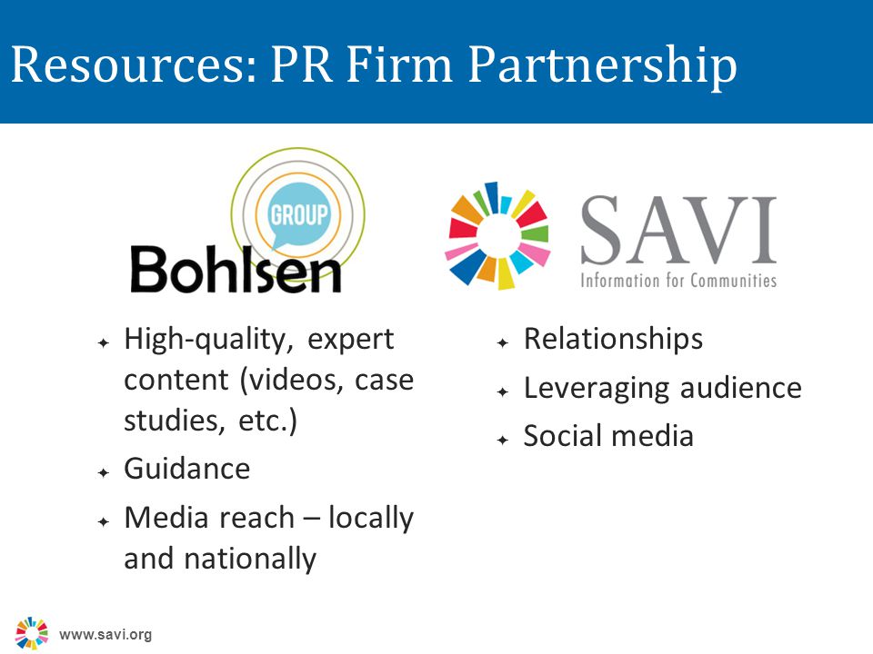 Resources: PR Firm Partnership  High-quality, expert content (videos, case studies, etc.)  Guidance  Media reach – locally and nationally  Relationships  Leveraging audience  Social media