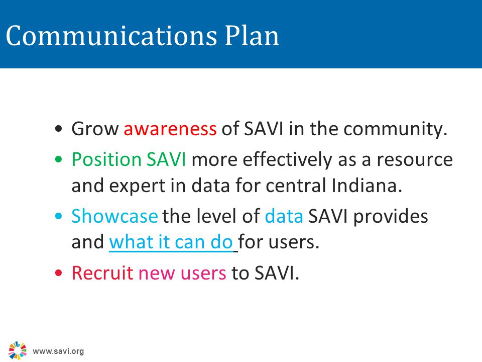 Communications Plan Grow awareness of SAVI in the community.