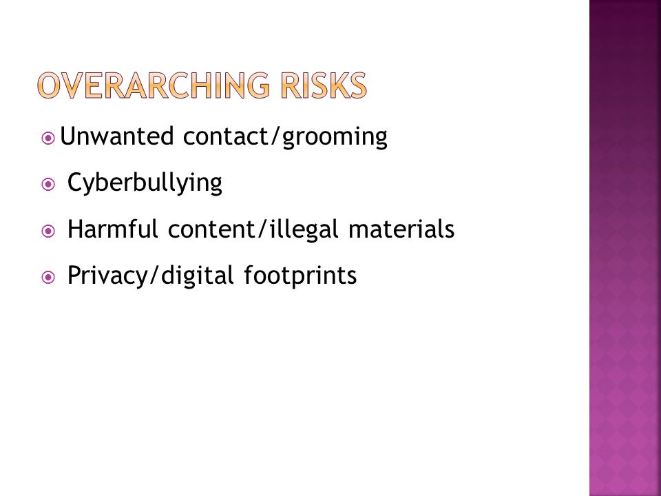  Unwanted contact/grooming  Cyberbullying  Harmful content/illegal materials  Privacy/digital footprints