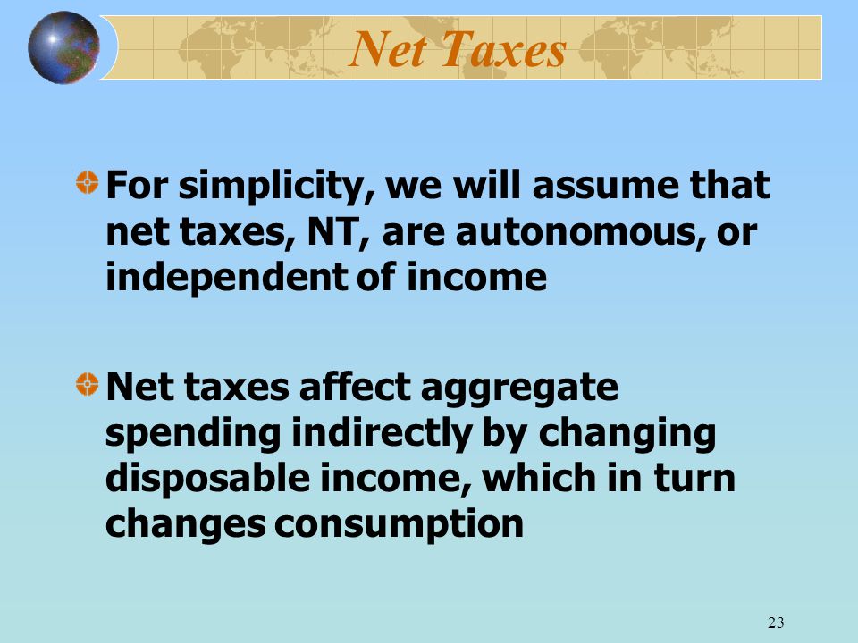 23 Net Taxes For simplicity, we will assume that net taxes, NT, are autonomous, or independent of income Net taxes affect aggregate spending indirectly by changing disposable income, which in turn changes consumption