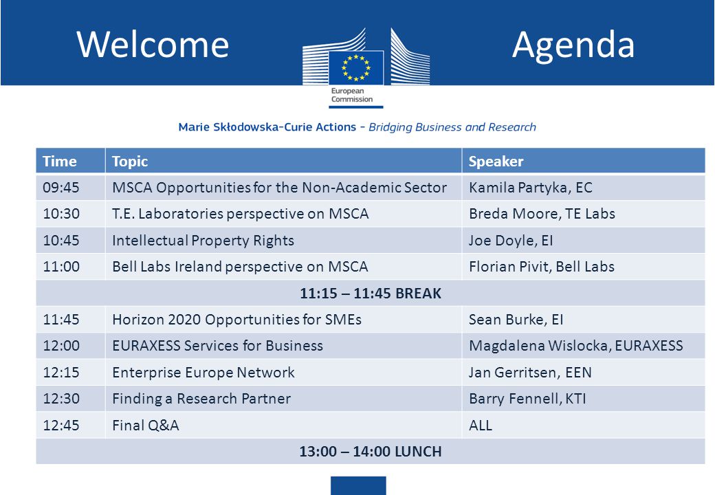 Agenda TimeTopicSpeaker 09:45MSCA Opportunities for the Non-Academic SectorKamila Partyka, EC 10:30T.E.