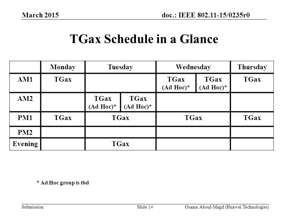 doc.: IEEE /0235r0 Submission March 2015 TGax Schedule in a Glance Osama Aboul-Magd (Huawei Technologies)Slide 14 MondayTuesdayWednesdayThursday AM1TGax (Ad Hoc)* TGax (Ad Hoc)* TGax AM2TGax (Ad Hoc)* TGax (Ad Hoc)* PM1TGax PM2 EveningTGax * Ad Hoc group is tbd