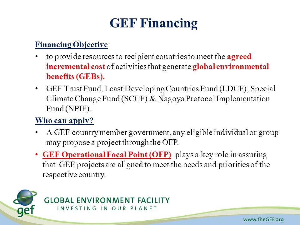 GEF Financing Financing Objective: to provide resources to recipient countries to meet the agreed incremental cost of activities that generate global environmental benefits (GEBs).