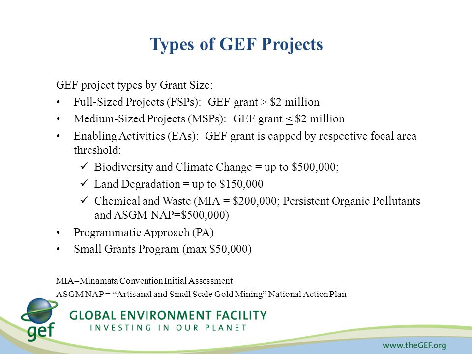 Types of GEF Projects GEF project types by Grant Size: Full-Sized Projects (FSPs): GEF grant > $2 million Medium-Sized Projects (MSPs): GEF grant < $2 million Enabling Activities (EAs): GEF grant is capped by respective focal area threshold: Biodiversity and Climate Change = up to $500,000; Land Degradation = up to $150,000 Chemical and Waste (MIA = $200,000; Persistent Organic Pollutants and ASGM NAP=$500,000) Programmatic Approach (PA) Small Grants Program (max $50,000) MIA=Minamata Convention Initial Assessment ASGM NAP = Artisanal and Small Scale Gold Mining National Action Plan