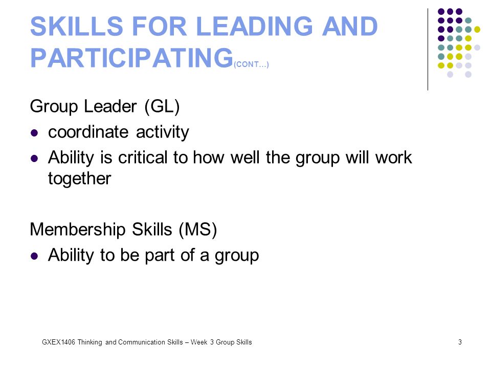 GXEX1406 Thinking and Communication Skills – Week 3 Group Skills3 Group Leader (GL) coordinate activity Ability is critical to how well the group will work together Membership Skills (MS) Ability to be part of a group SKILLS FOR LEADING AND PARTICIPATING (CONT…)