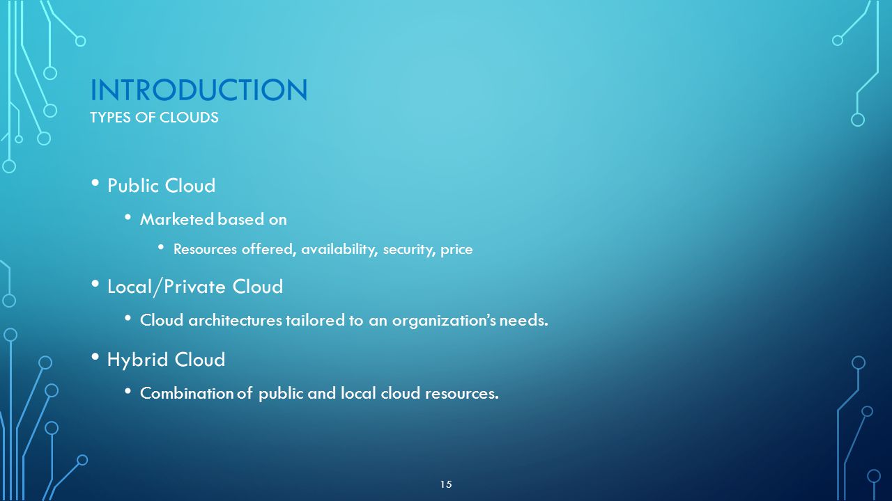 INTRODUCTION TYPES OF CLOUDS Public Cloud Marketed based on Resources offered, availability, security, price Local/Private Cloud Cloud architectures tailored to an organization’s needs.