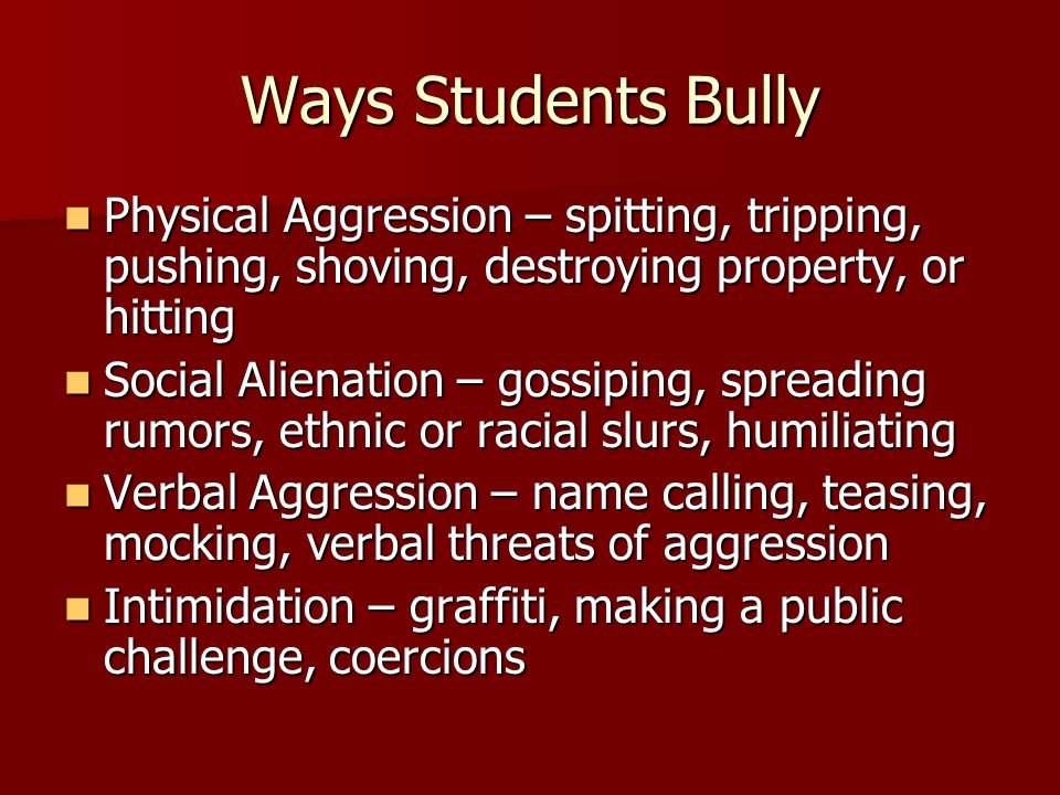 Ways Students Bully Physical Aggression – spitting, tripping, pushing, shoving, destroying property, or hitting Physical Aggression – spitting, tripping, pushing, shoving, destroying property, or hitting Social Alienation – gossiping, spreading rumors, ethnic or racial slurs, humiliating Social Alienation – gossiping, spreading rumors, ethnic or racial slurs, humiliating Verbal Aggression – name calling, teasing, mocking, verbal threats of aggression Verbal Aggression – name calling, teasing, mocking, verbal threats of aggression Intimidation – graffiti, making a public challenge, coercions Intimidation – graffiti, making a public challenge, coercions