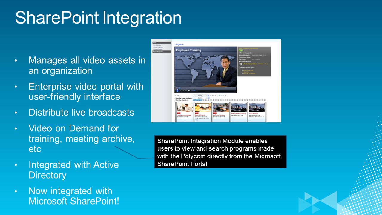 SharePoint Integration Module enables users to view and search programs made with the Polycom directly from the Microsoft SharePoint Portal