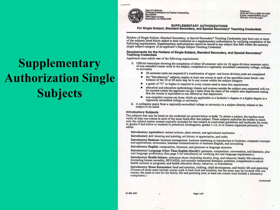 Supplementary Authorization Single Subjects
