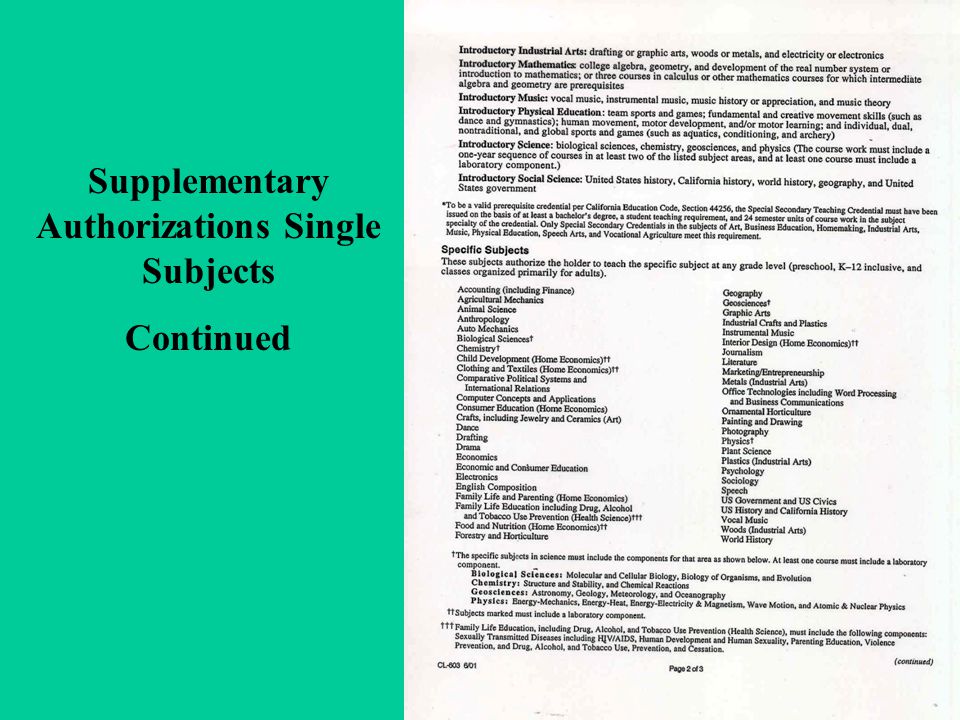 Supplementary Authorizations Single Subjects Continued