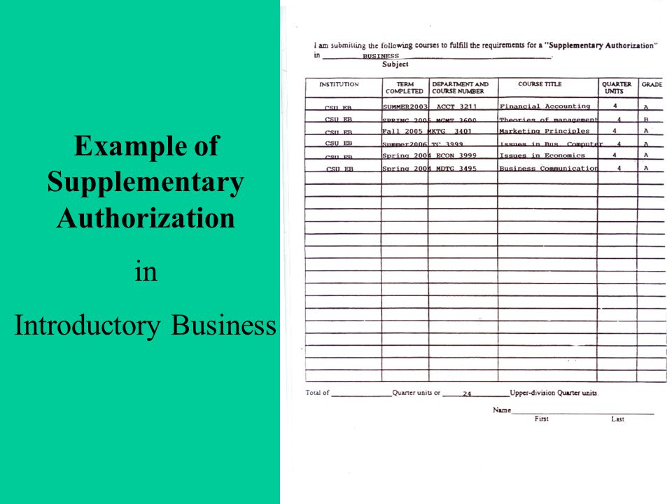 Example of Supplementary Authorization in Introductory Business