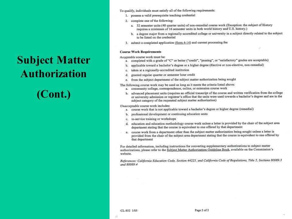 Subject Matter Authorization (Cont.)
