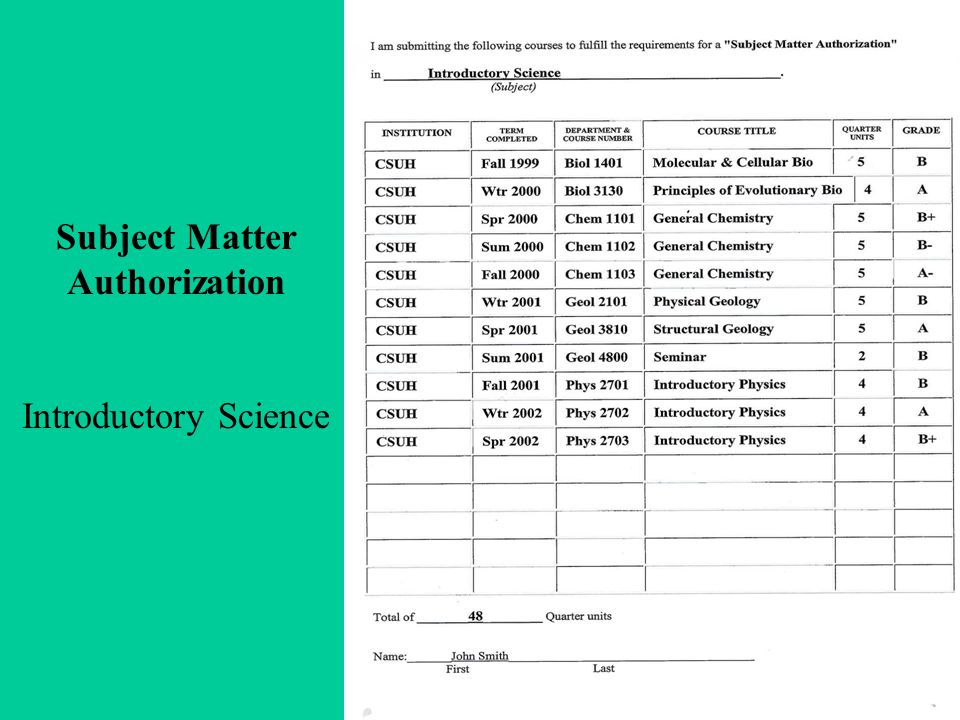 Subject Matter Authorization Introductory Science