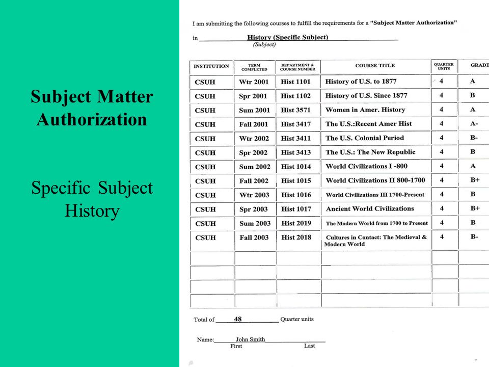 Subject Matter Authorization Specific Subject History