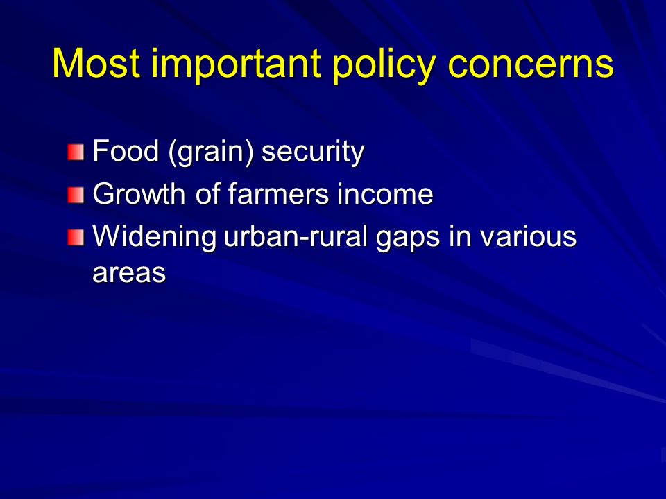 Most important policy concerns Food (grain) security Growth of farmers income Widening urban-rural gaps in various areas