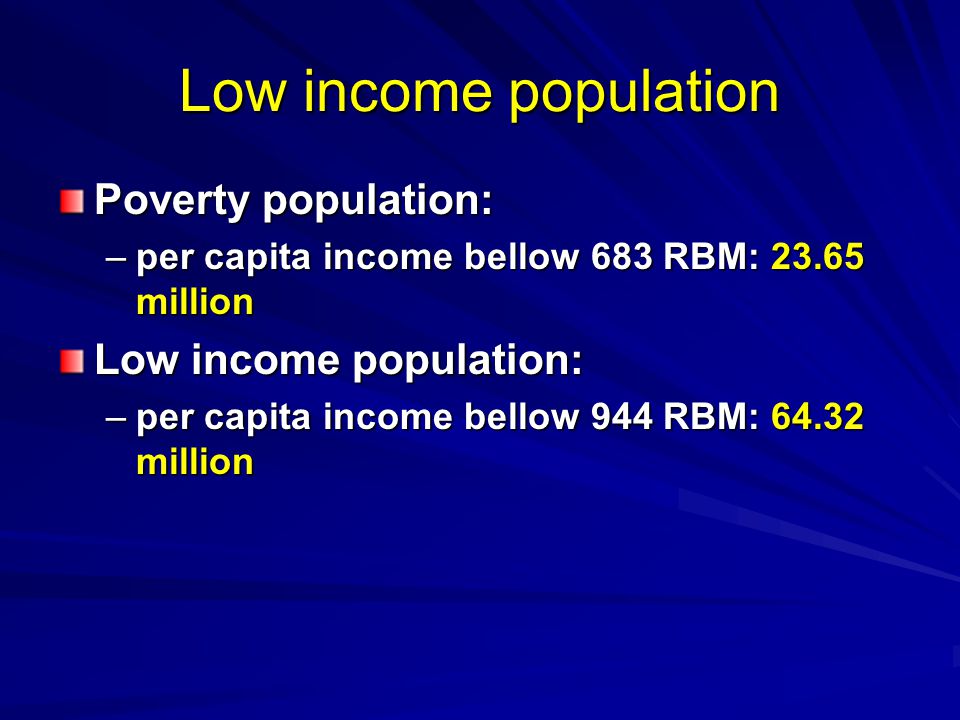 Low income population Poverty population: –per capita income bellow 683 RBM: million Low income population: –per capita income bellow 944 RBM: million