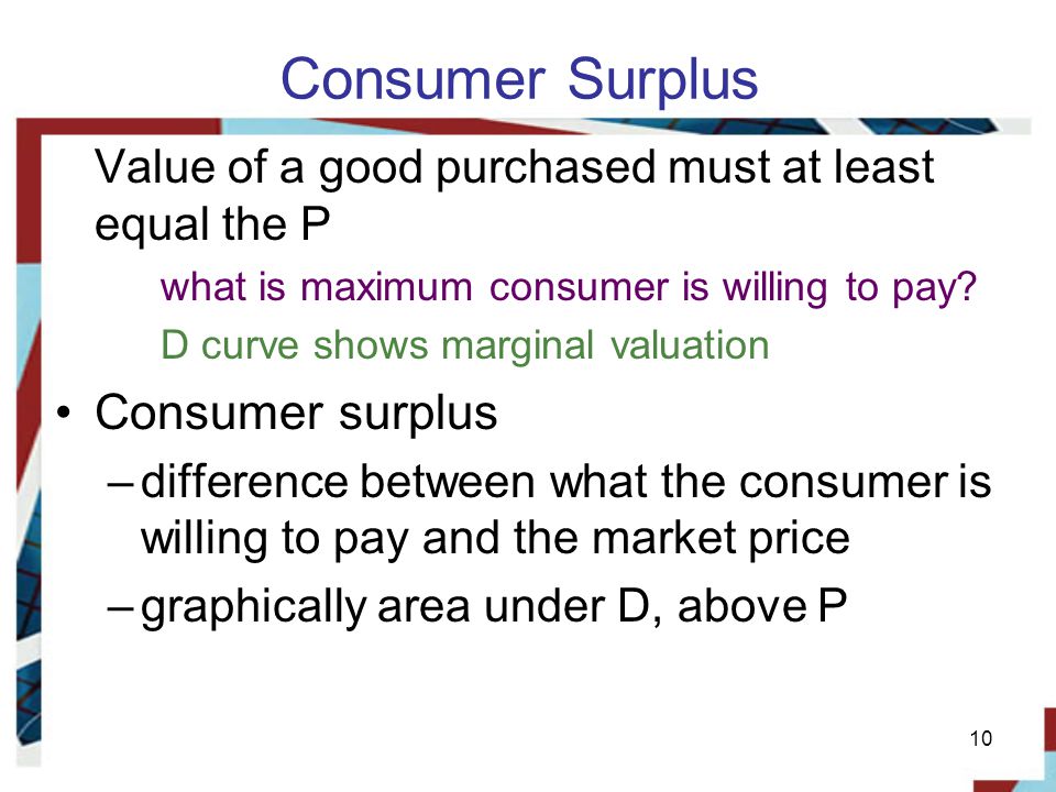 Consumer Surplus Value of a good purchased must at least equal the P what is maximum consumer is willing to pay.