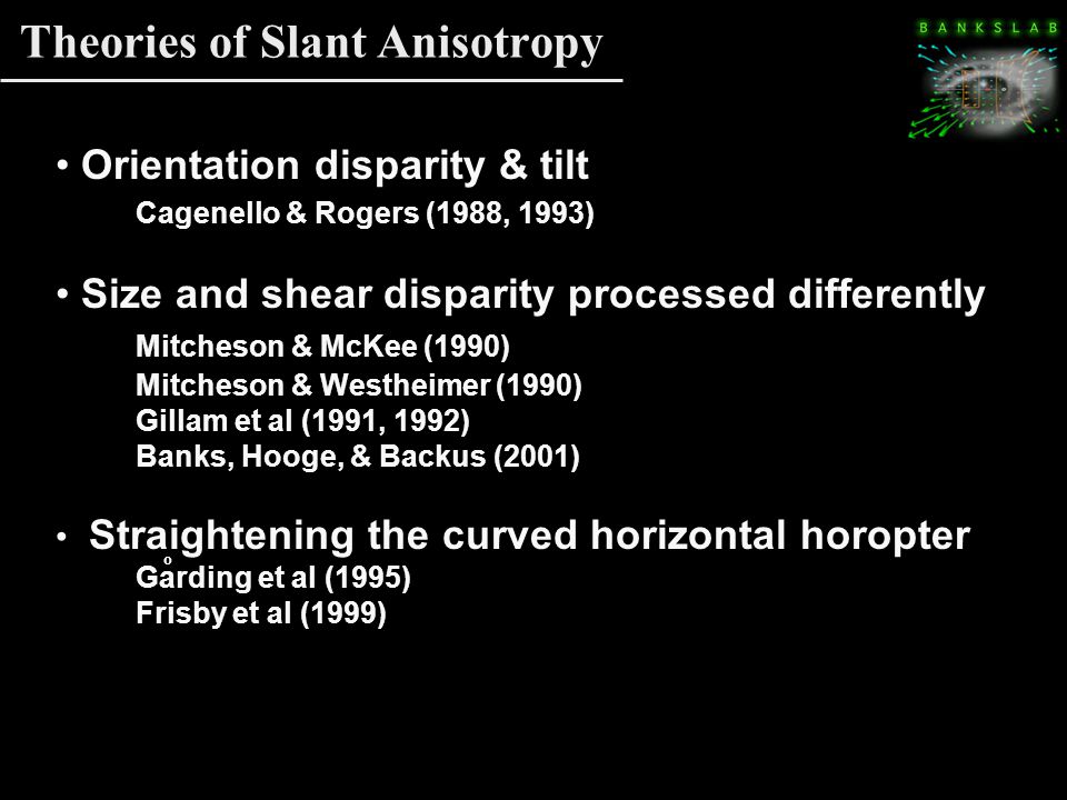 Theories of Slant Anisotropy Orientation disparity & tilt Cagenello & Rogers (1988, 1993) Size and shear disparity processed differently Mitcheson & McKee (1990) Mitcheson & Westheimer (1990) Gillam et al (1991, 1992) Banks, Hooge, & Backus (2001) Straightening the curved horizontal horopter Garding et al (1995) Frisby et al (1999) Cue conflict between disparity & other slant cues o