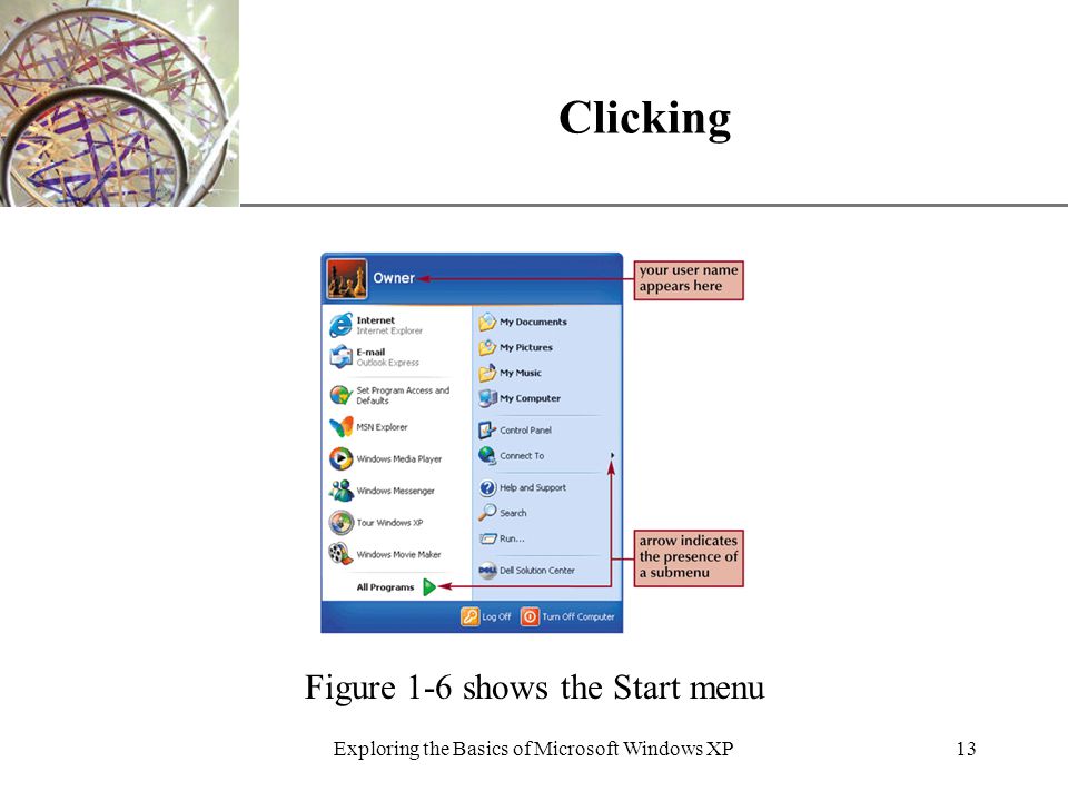 XP Exploring the Basics of Microsoft Windows XP13 Clicking Figure 1-6 shows the Start menu