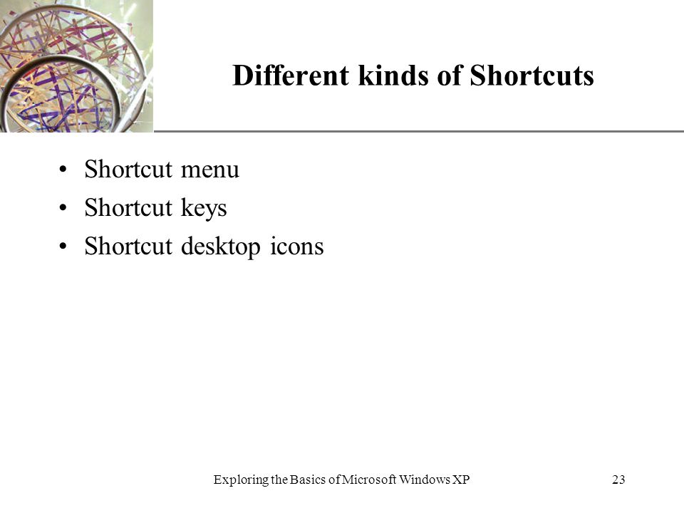 XP Exploring the Basics of Microsoft Windows XP23 Different kinds of Shortcuts Shortcut menu Shortcut keys Shortcut desktop icons