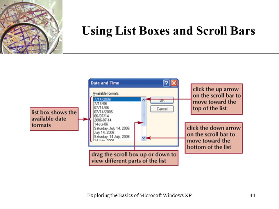 XP Exploring the Basics of Microsoft Windows XP44 Using List Boxes and Scroll Bars