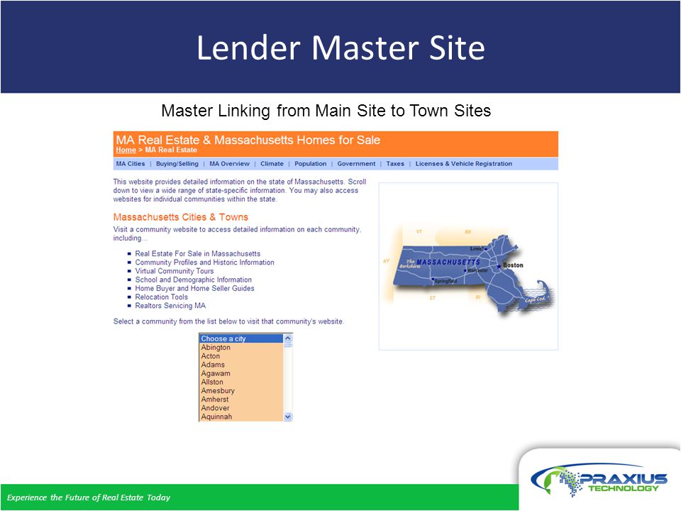 Experience the Future of Real Estate Today Lender Master Site Master Linking from Main Site to Town Sites